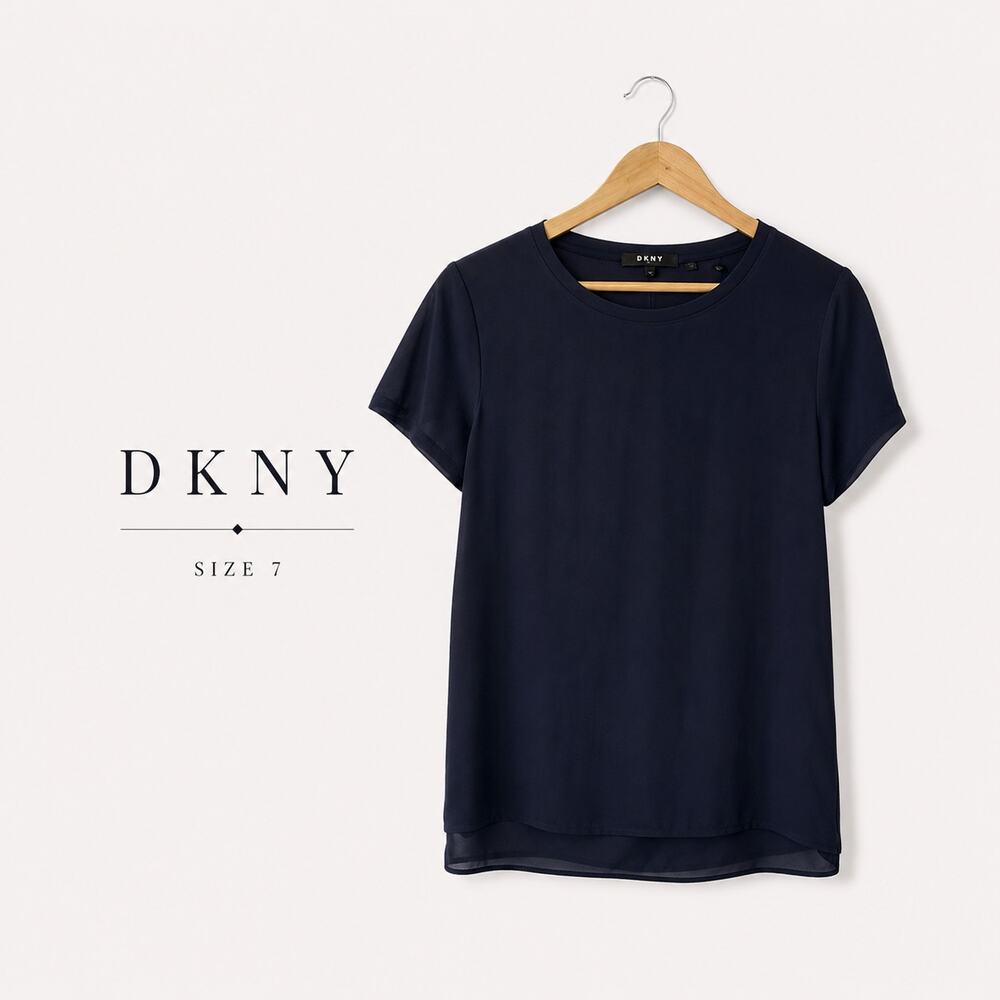 DKNY Navy Short Sleeve Chiffon Hem Blouse Top Women's Size Large Career Casual